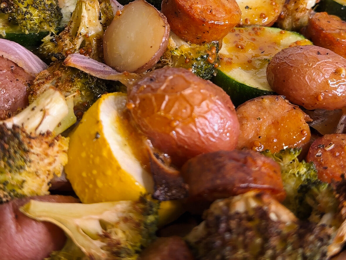 sheet pan sausage and roasted vegetables with honey mustard sauce