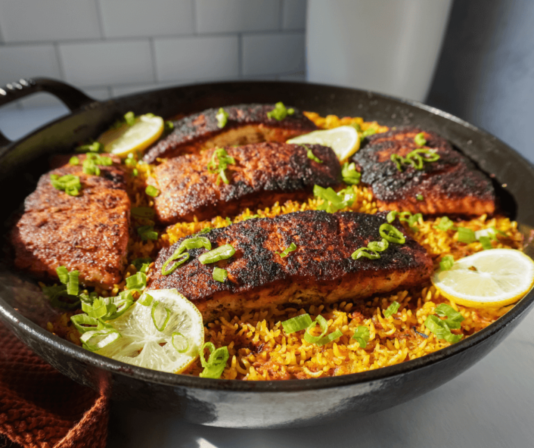 blackened salmon on top of rice cooked in one pot